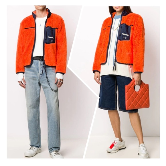 NWT AMBUSH logo-print fleece Sherpa jacket in Orange & Navy Size S - Picture 4 of 16